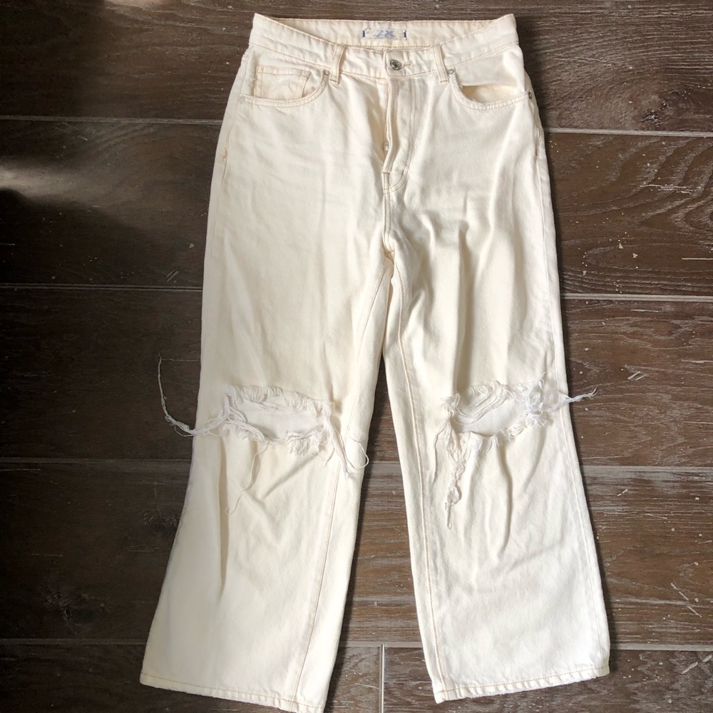 Free People Off-white Cropped Flare Ripped Jeans